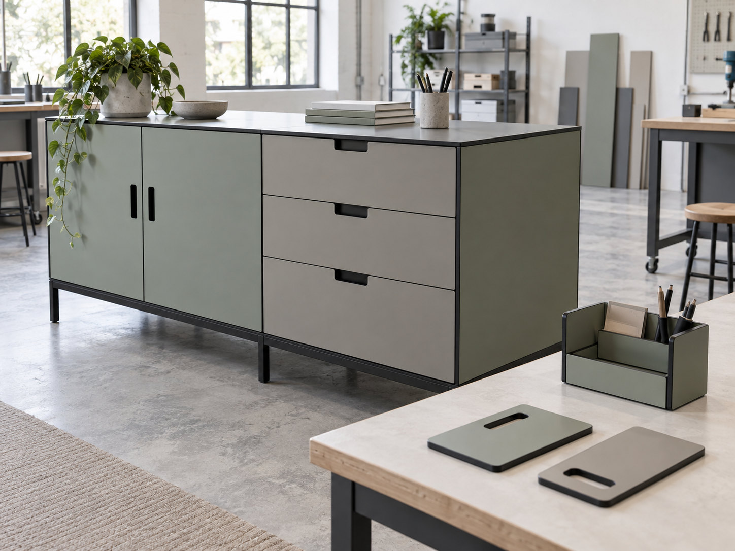 Custom storage module with machined panel parts and an organiser in a studio