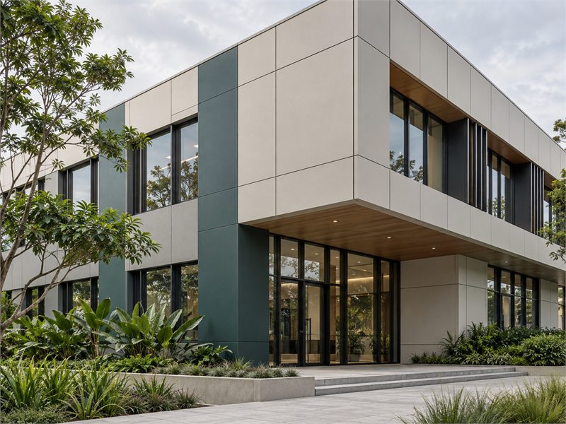 Contemporary building with a modular exterior cladding panel system