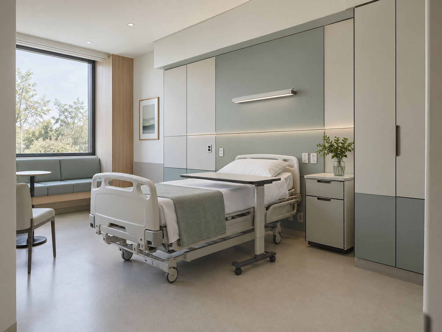 Modern healthcare interior with cleanable wall panels and cabinetry