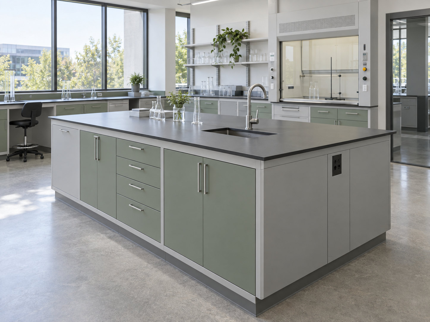 Modern laboratory with durable panel work surfaces and cabinetry