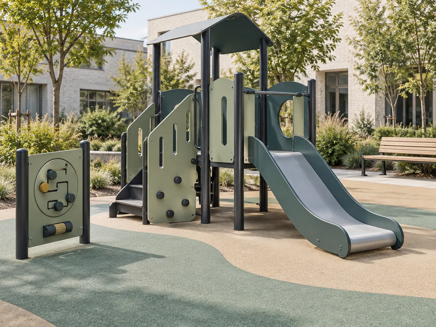 Modern outdoor playground constructed with durable panel components
