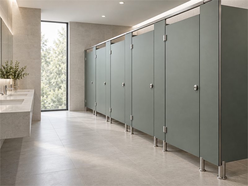 Modern commercial washroom with compact laminate cubicle partitions