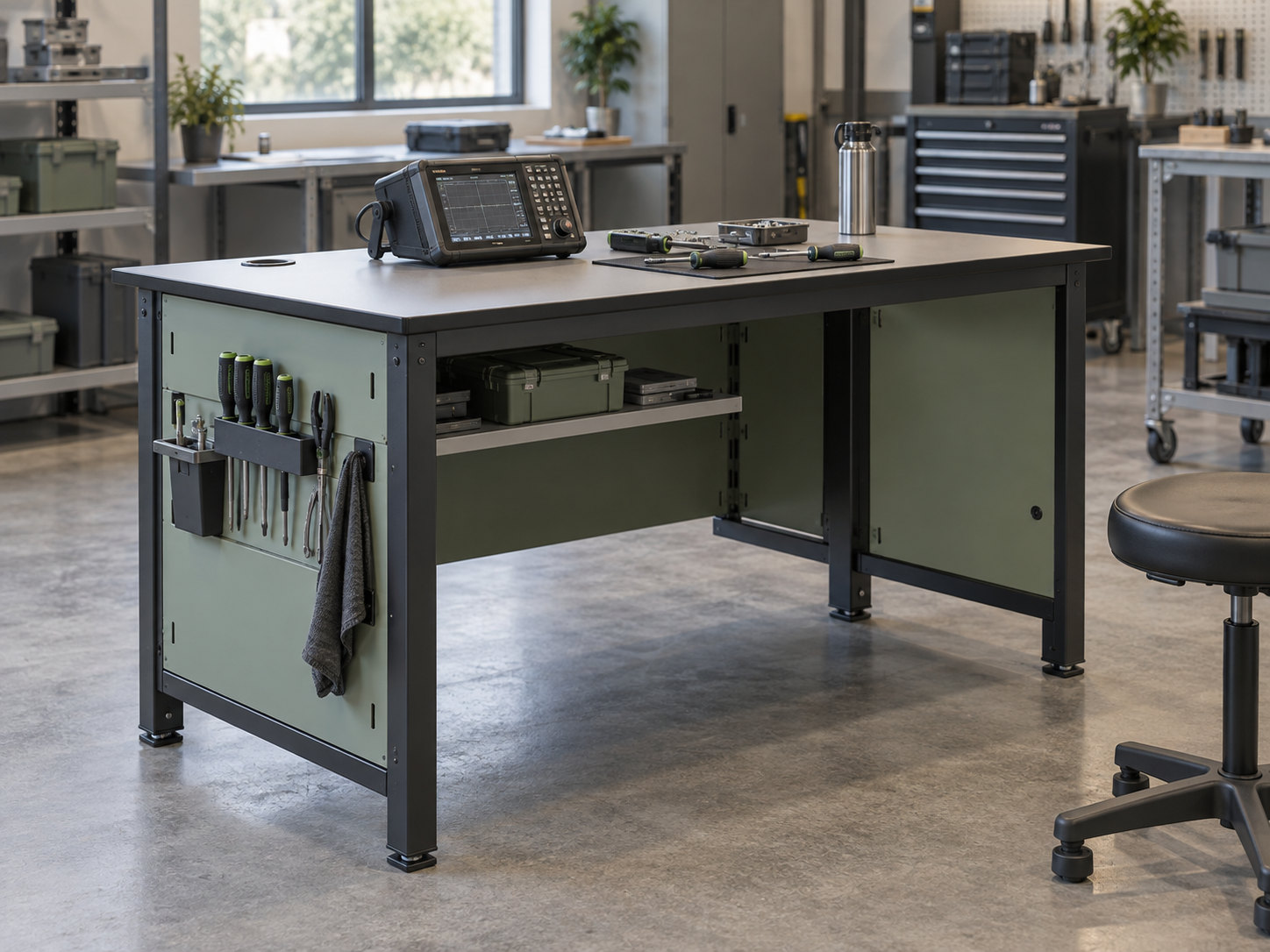Industrial workbench combining a metal support frame, panel sides, an internal shelf and a tool holder.