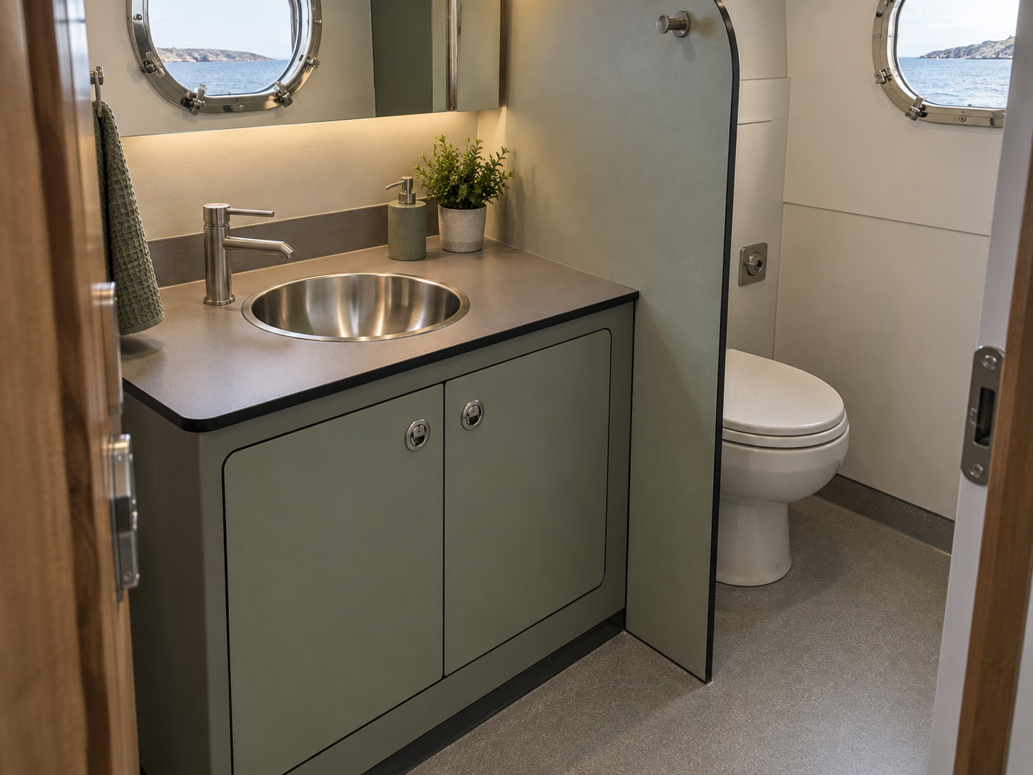 Marine vanity with a metal basin, sage cabinet fronts and a partition with an exposed dark edge.
