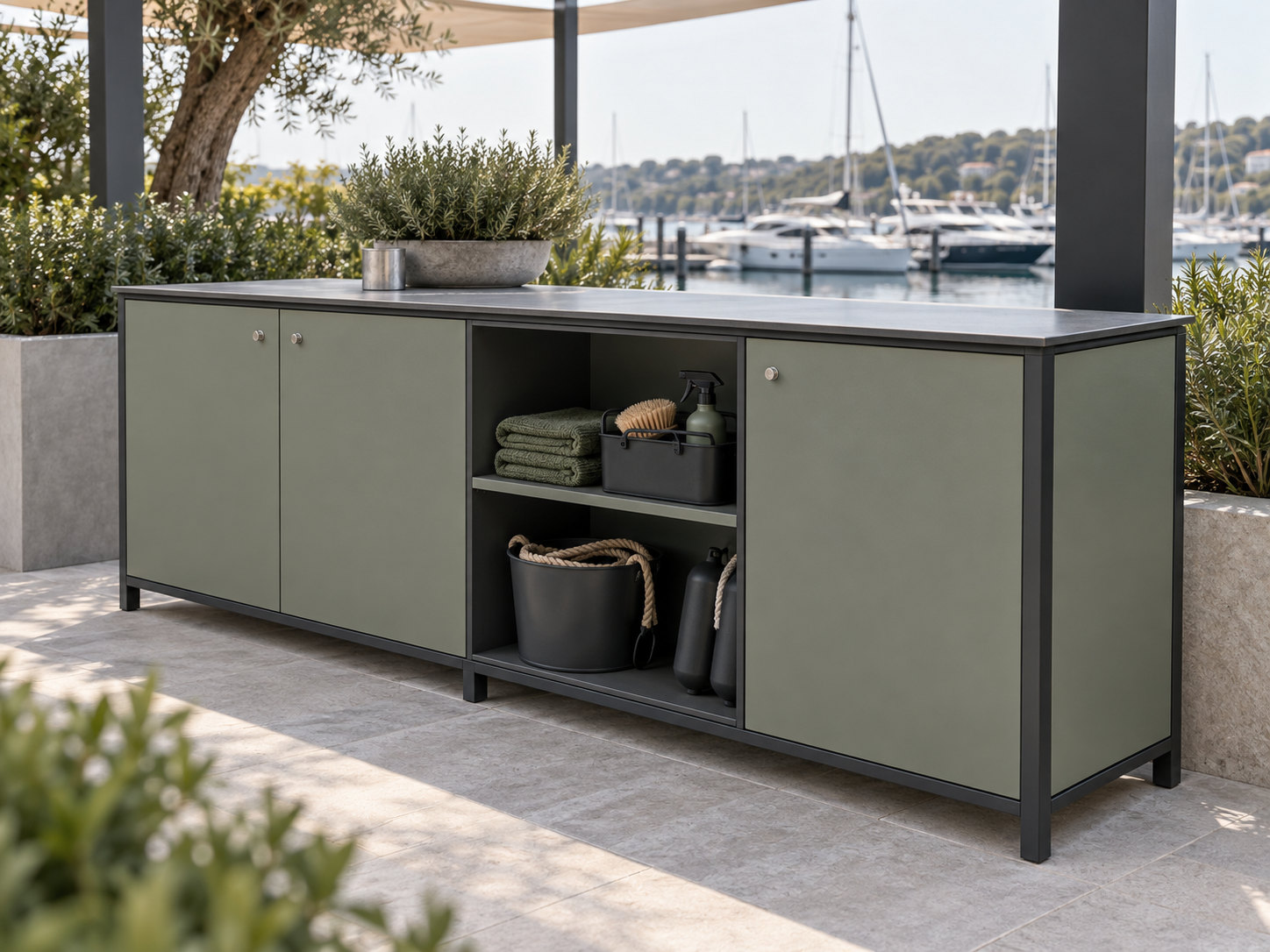 Outdoor storage and a slim service counter overlooking a marina.