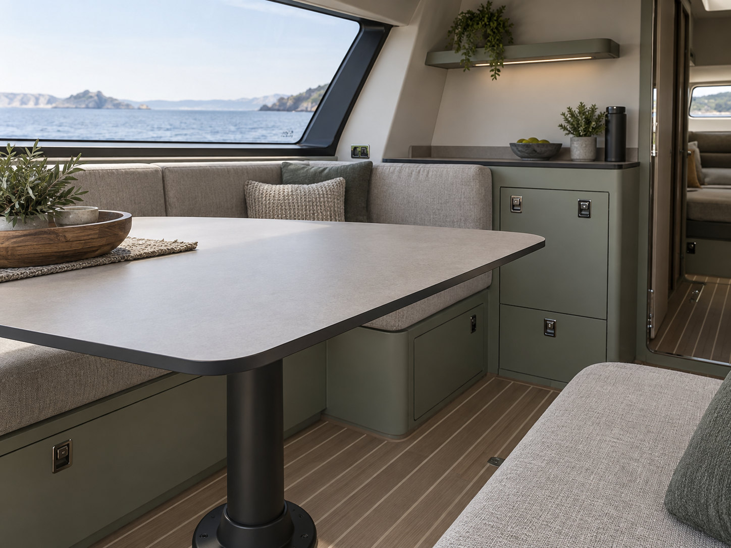 Marine cabin with a slim rounded table, bench seating and fitted storage beside a sea-facing window.