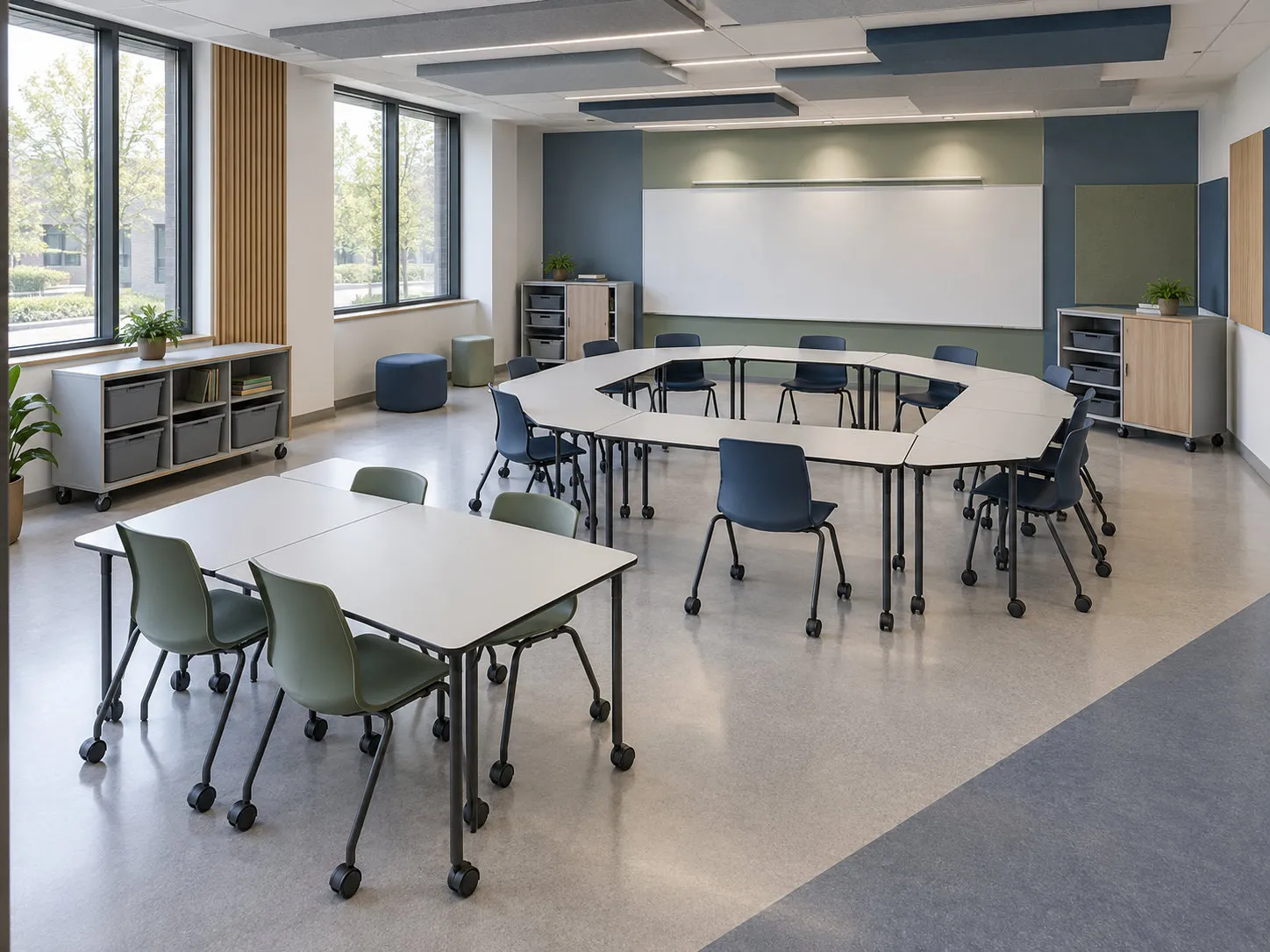 Illustrative collaborative learning studio with movable tables in a discussion ring, a separate table group and mobile resource cabinets.