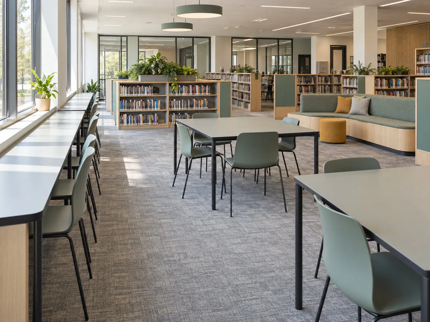 Illustrative library and learning commons with individual window-side study places, shared tables, bookshelves and a reading bench.