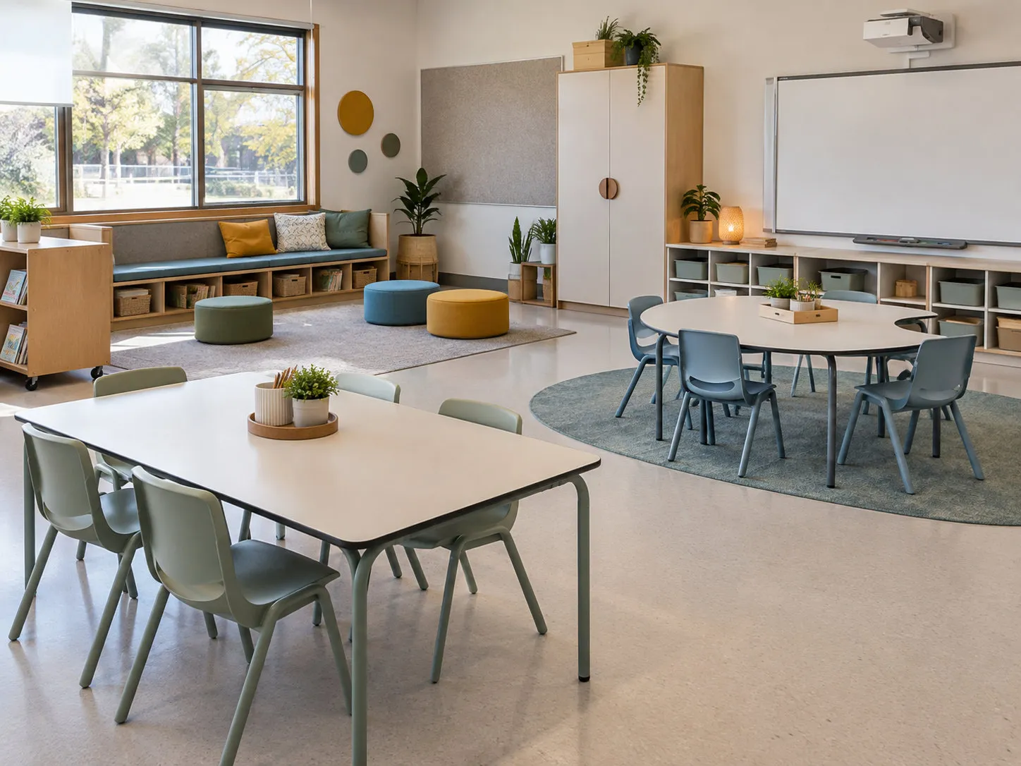 Illustrative primary classroom with low group tables, a curved activity table, low storage and a window-side reading bench.