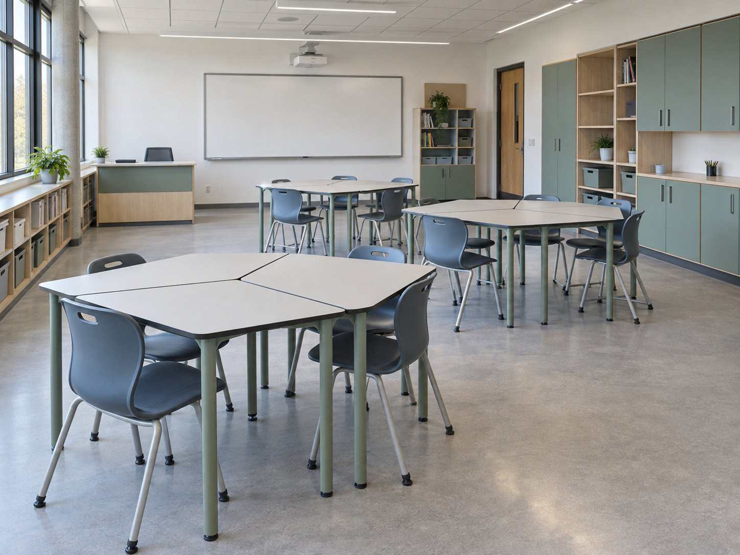 Illustrative classroom with grouped compact table modules, supporting legs, low window-side shelving and full-height panel-fronted storage.