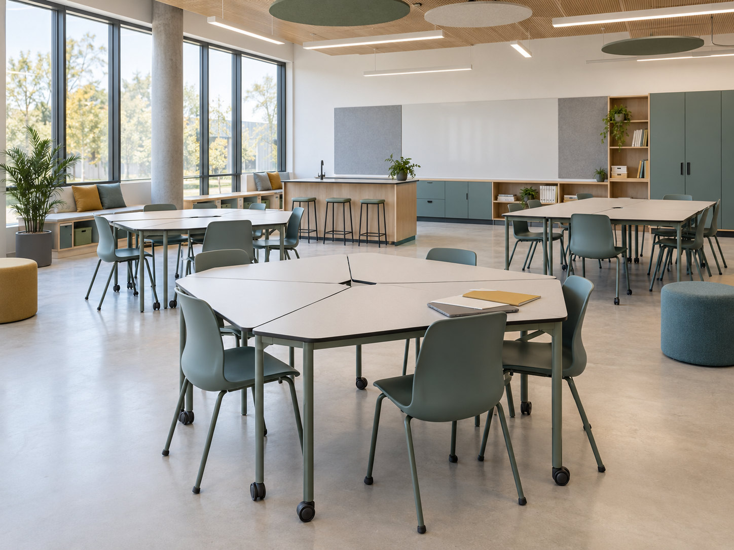 Illustrative learning studio with thin dark-edged modular tables on castors, fitted storage and a shared island work surface.