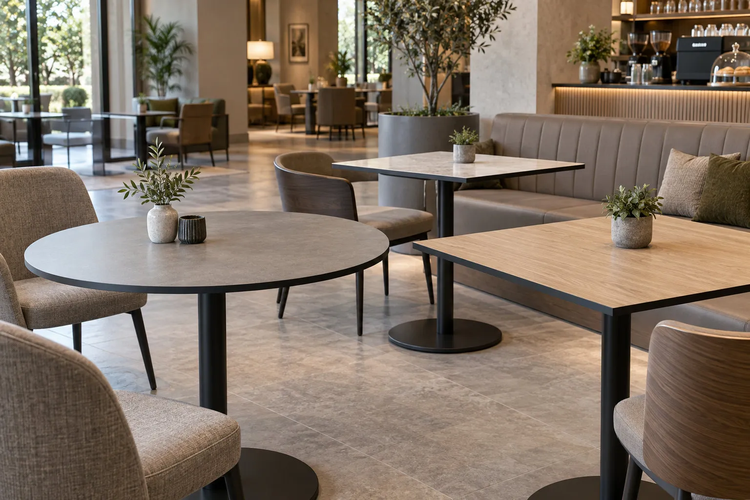 Café and hospitality seating area with round and rectangular tables using slim tabletops and dark support frames.