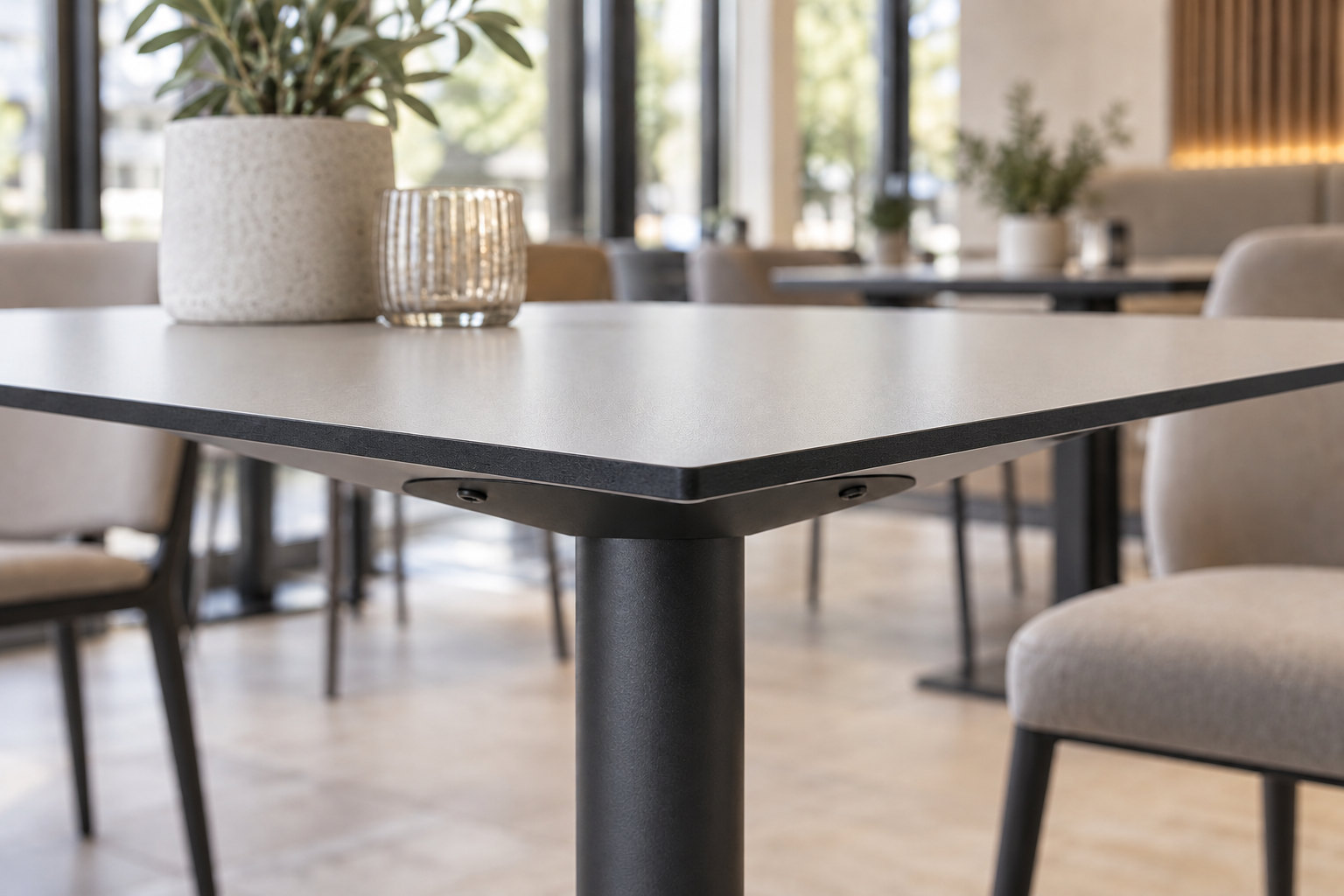 Close-up of a slim compact laminate tabletop with an exposed dark core and metal support frame.