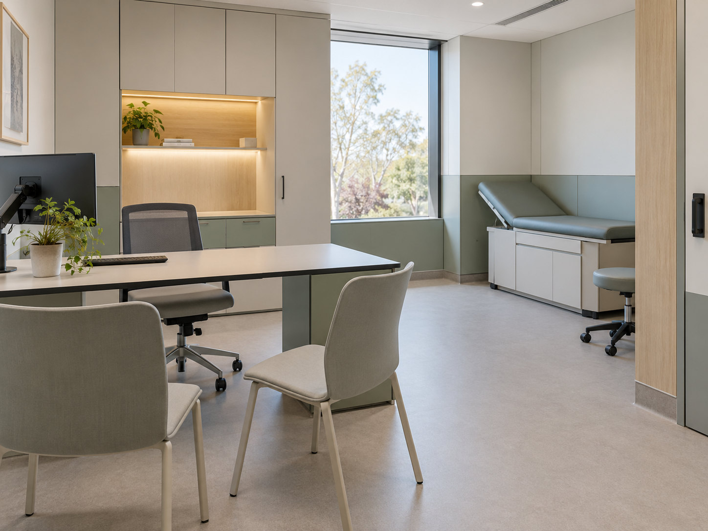 Illustrative outpatient consultation room with a thin desk, seating, examination couch and fitted panel-fronted storage.