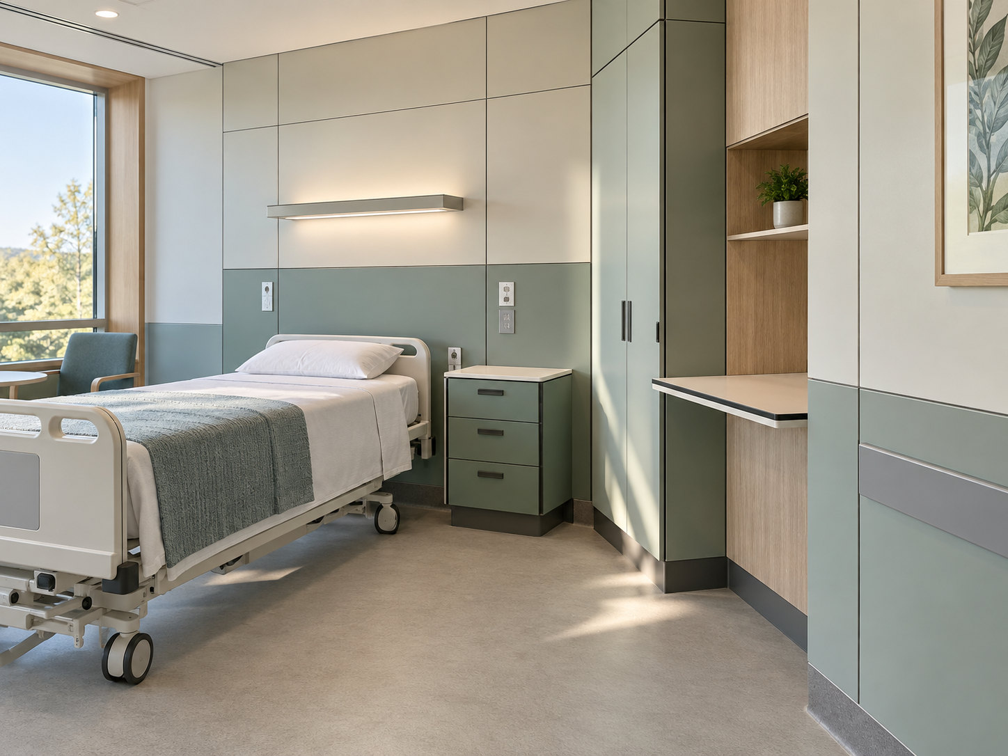 Illustrative general patient room with a bed, upper and lower wall panels, bedside drawers, tall storage and a thin fitted shelf.