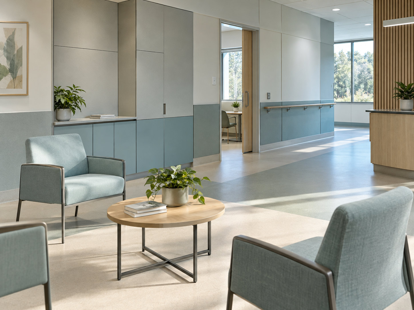 Illustrative rehabilitation and day-clinic waiting area with seating, wall panels, fitted storage and a corridor handrail.