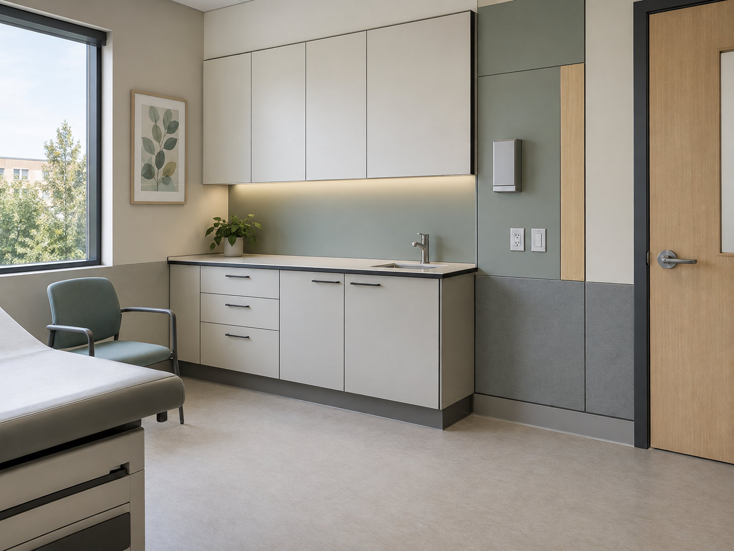 Illustrative consultation and examination room with wall modules, a thin sink worktop, upper and lower cabinets, and a door-frame junction.