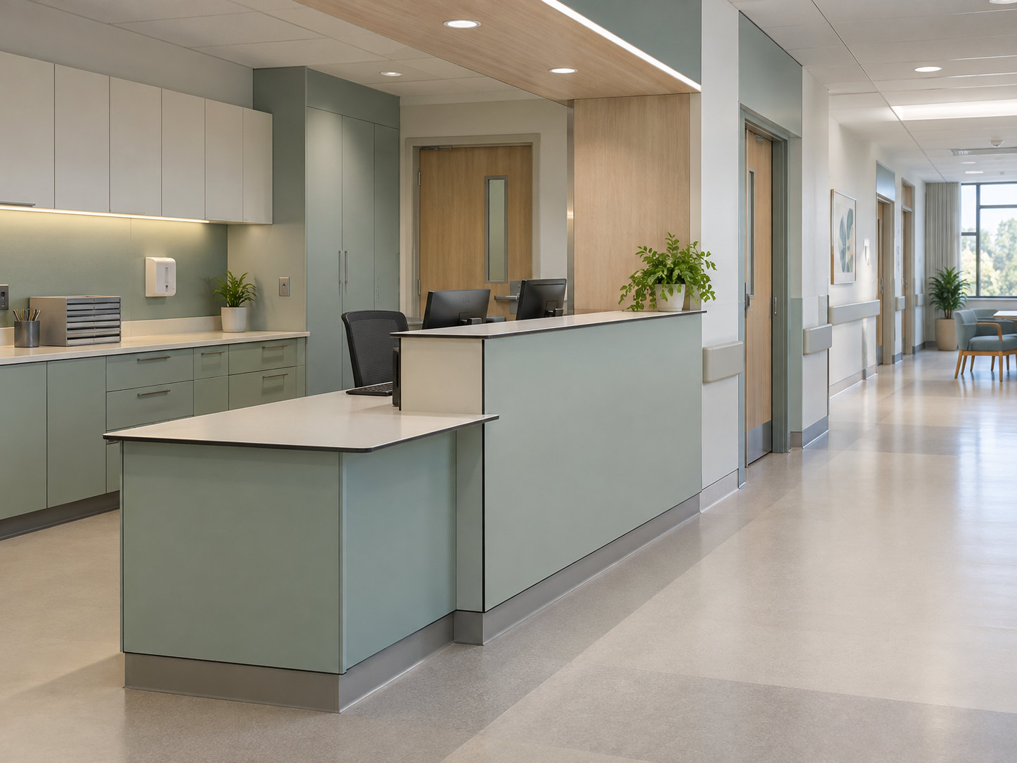 Illustrative support station with thin worktops, panel-fronted cabinetry and a corridor lined with upper and lower wall panels.