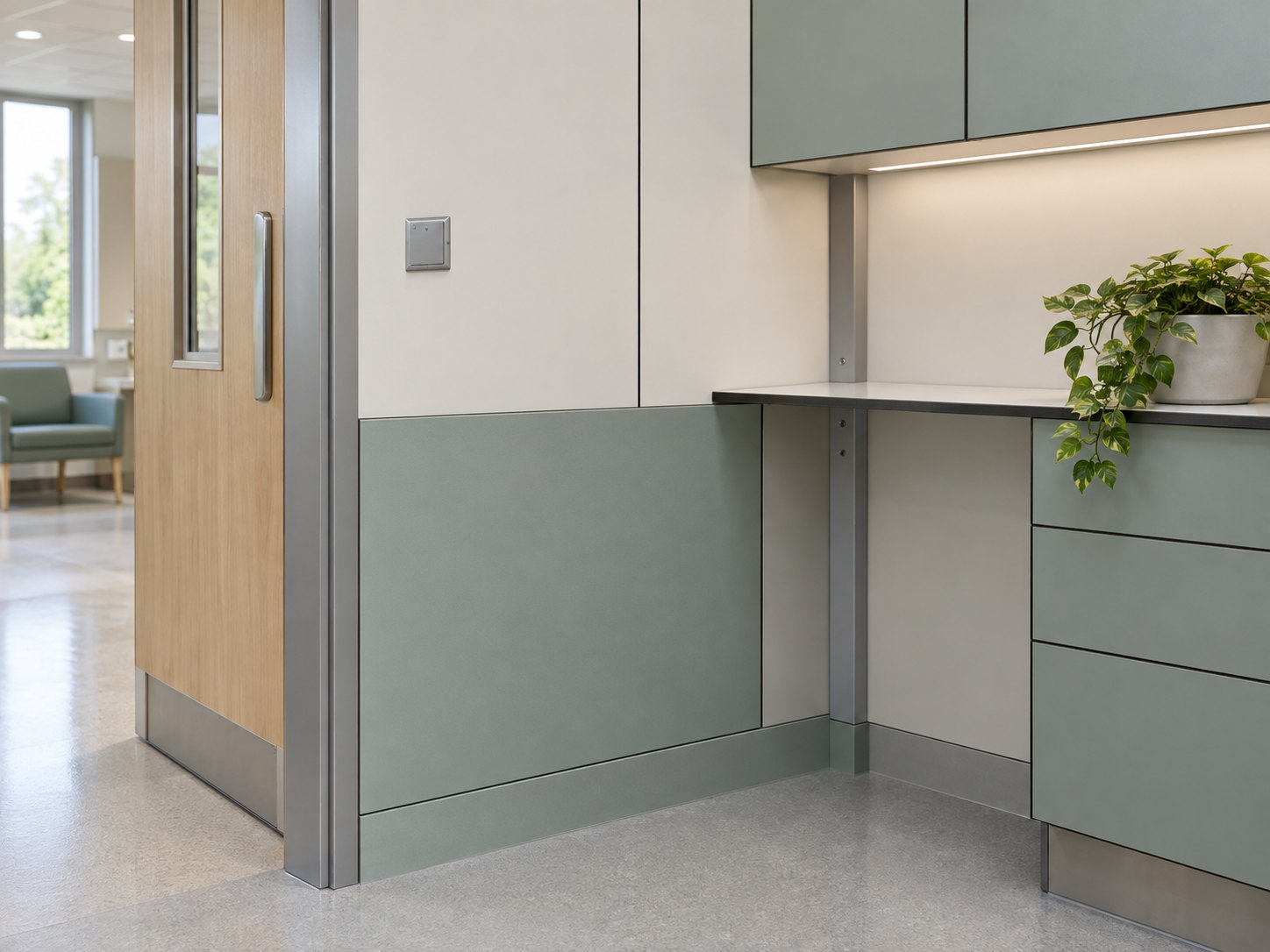 Illustrative junction of a door frame, upper and lower wall panels, thin worktop, cabinet and exposed vertical support rail.