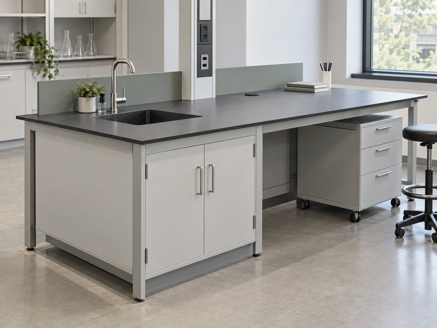 Illustrative single bench with a sink, short splashback, upright service panel, supporting frame and mobile drawer cabinet.