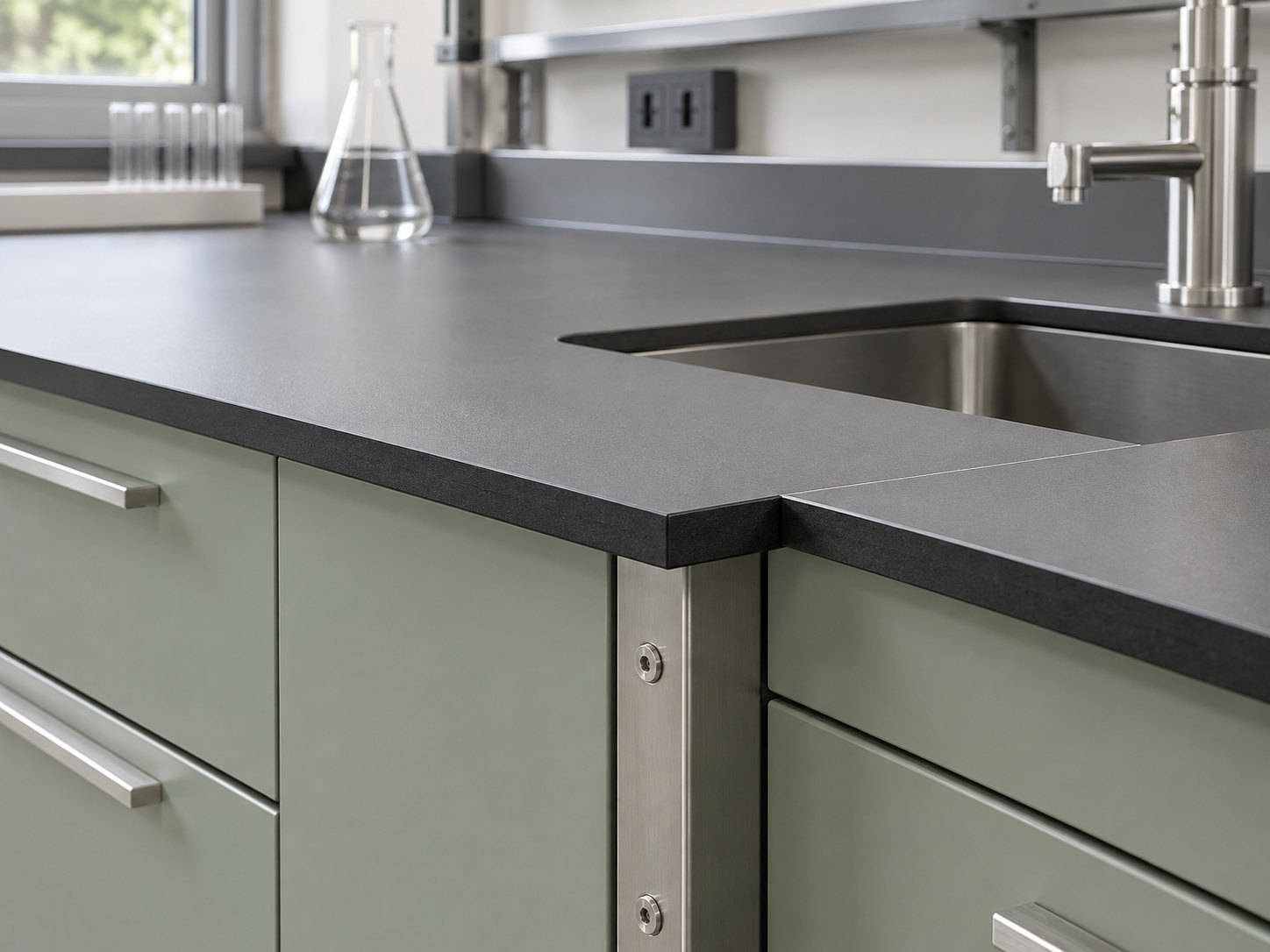 Illustrative close view of a flat grey work surface, exposed dark core, machined panel joint and sink cut-out.