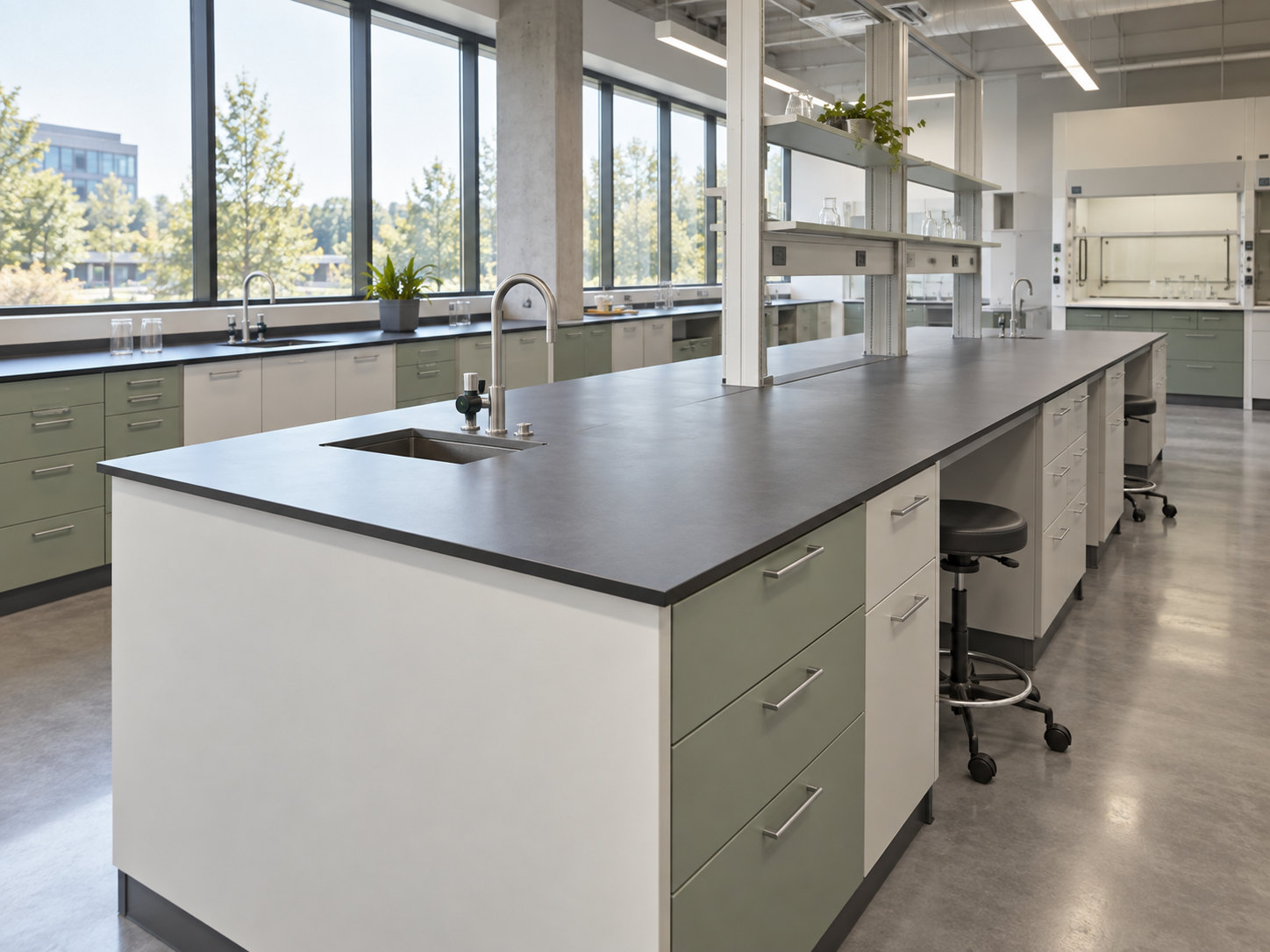 Illustrative laboratory configuration with a long central island, sinks, a raised service zone and wall benches.
