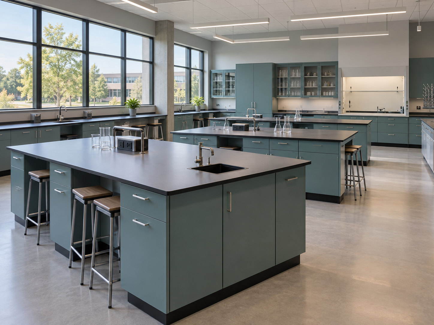 Configuration scenario with several student laboratory islands, stools, sinks and shared storage.