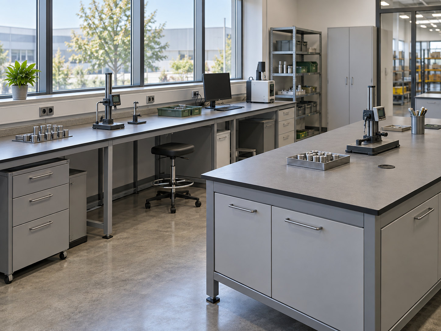 Configuration scenario with measuring instruments, sample trays and supported benches in an industrial quality-control room.