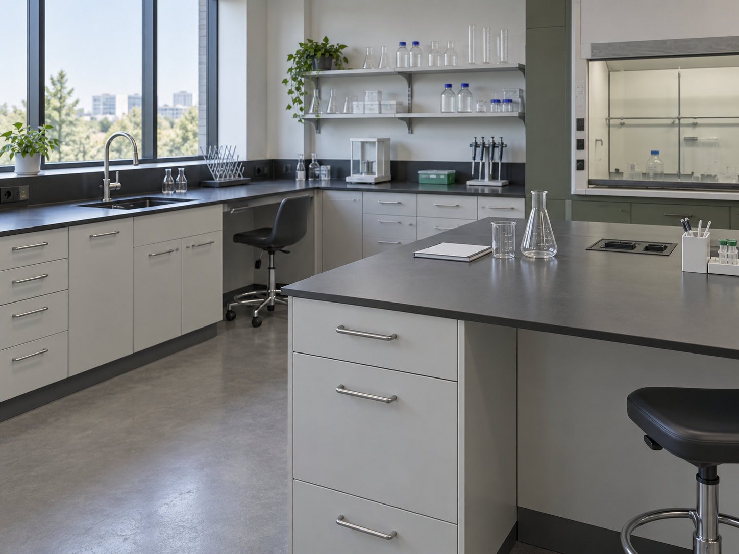 Configuration scenario with research equipment, glassware, a sink, an extraction hood and an island work surface.