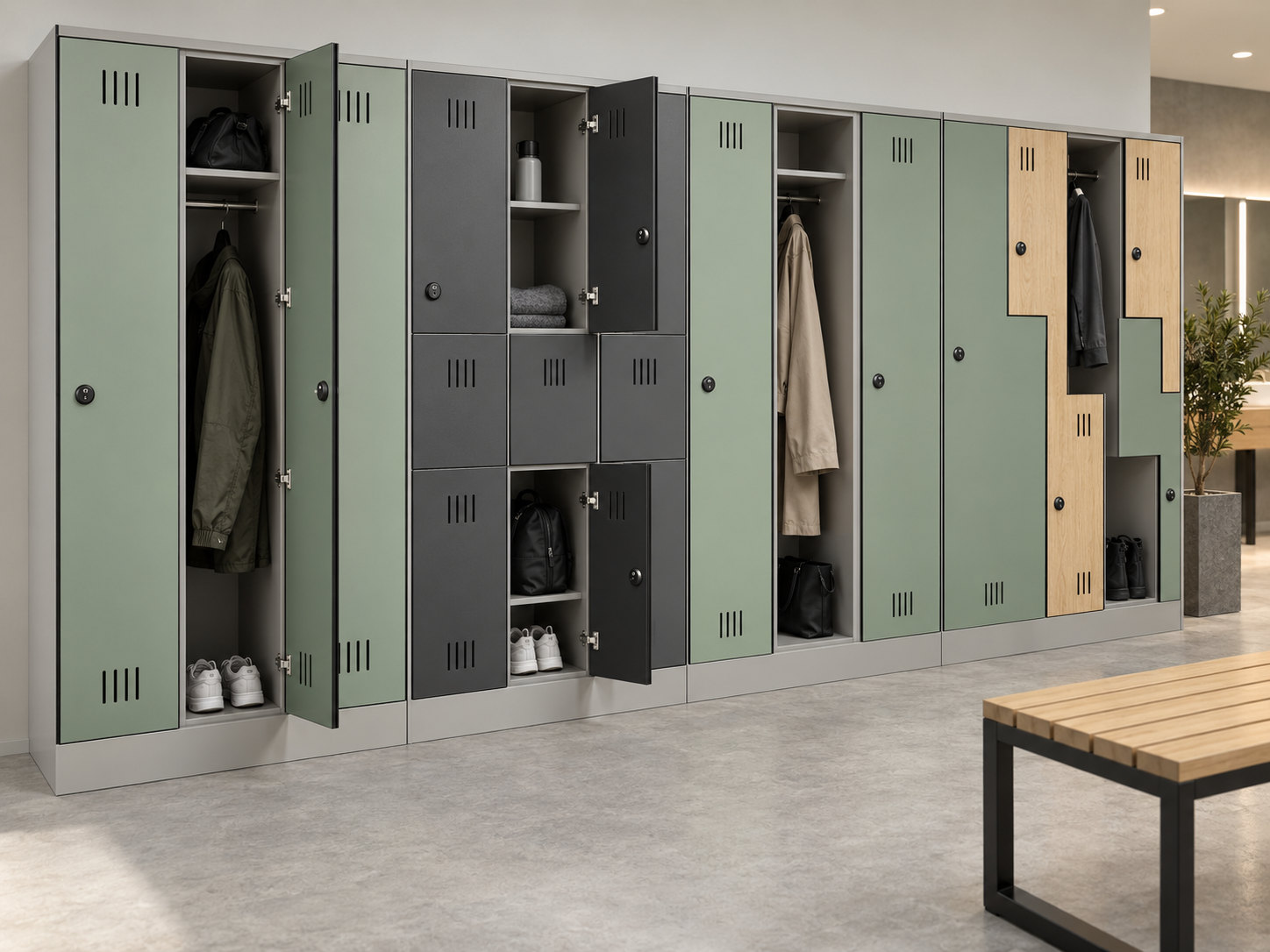 Open full-height, multi-tier and Z-shaped locker doors showing shelves, hanging rails, bags and shoe compartments.