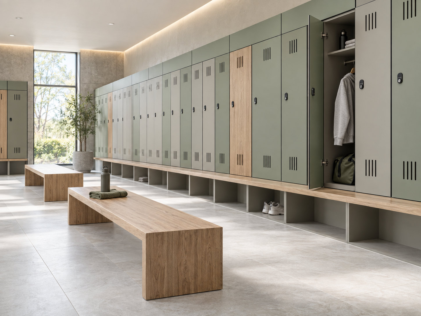Sage and woodgrain lockers with an open hanging compartment, shoe storage below and timber benches along a bright aisle.