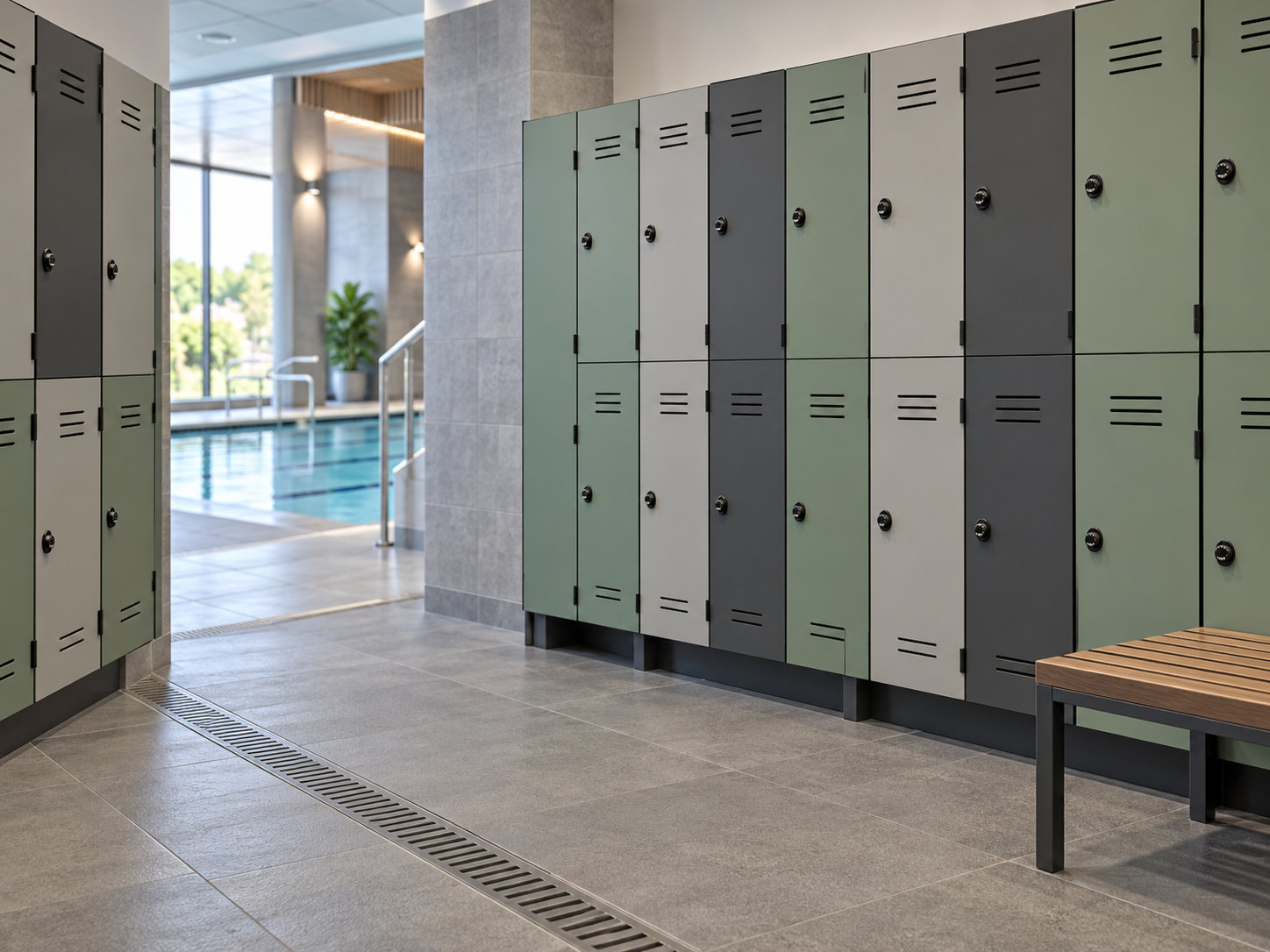 Sage and grey ventilated lockers raised above a tiled floor beside a linear drain, with a pool visible beyond the changing area.