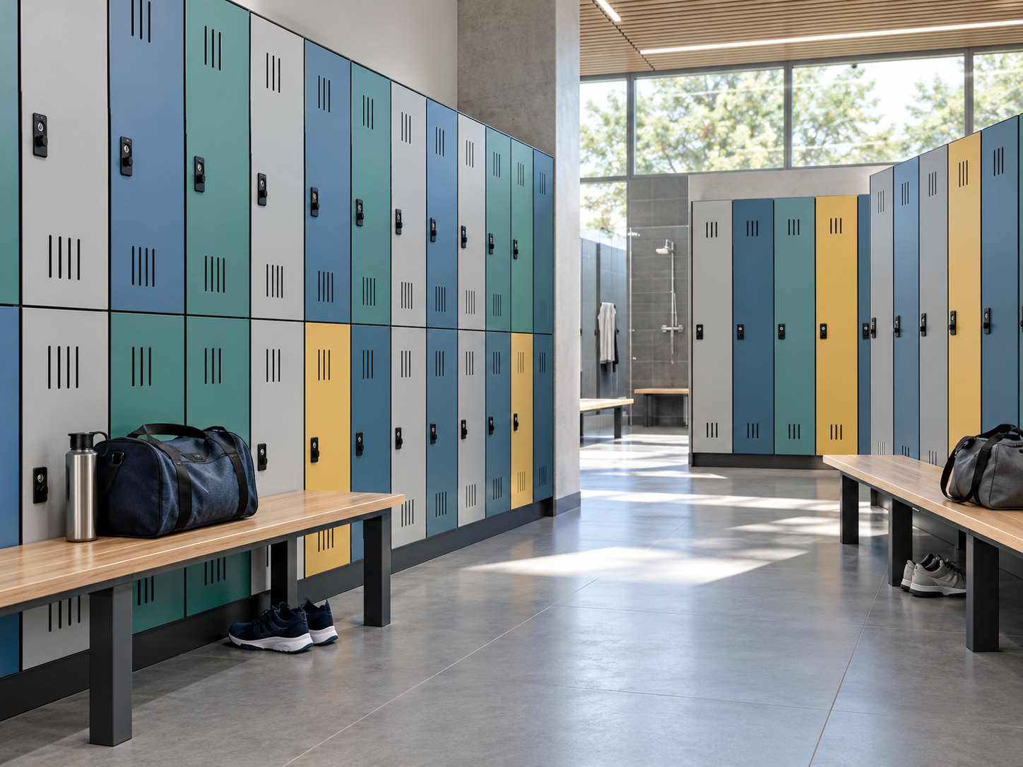 Blue, teal, grey and yellow lockers in full-height and two-tier arrangements beside benches, sports bags and a clear central aisle.