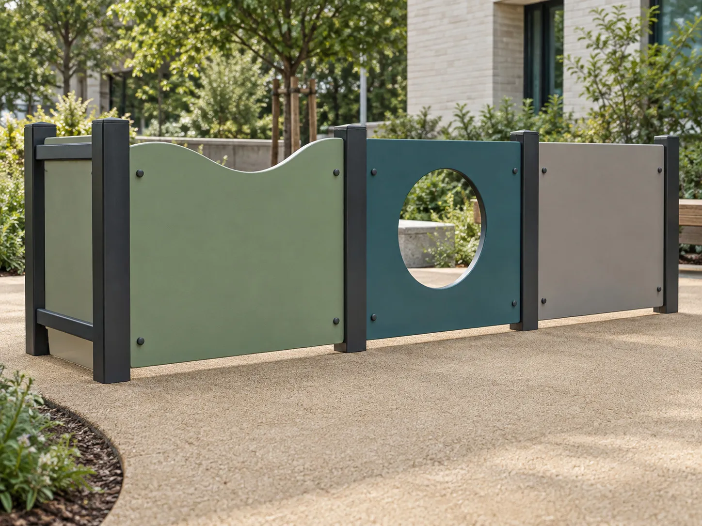 Sage curved-top panel, teal panel with a round opening and neutral infill panel held between dark metal posts.
