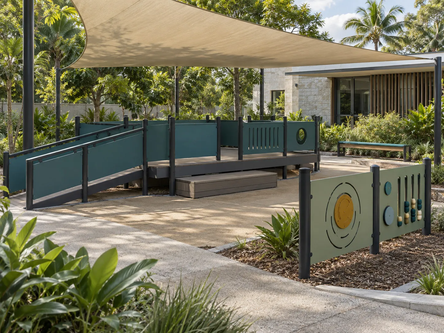 Shaded outdoor setting with a low platform, ramp, teal infill panels and freestanding activity panels.