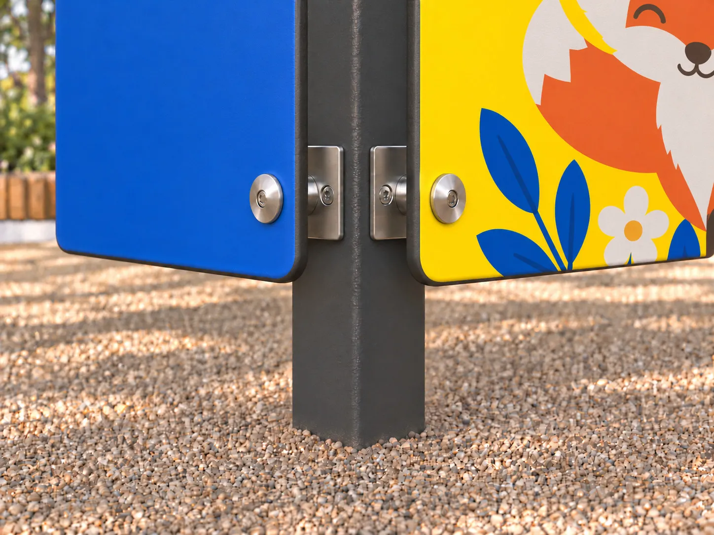 Deep blue and yellow playground panels with rounded edges and metal fixings at a dark post, with a fox and blue-leaf graphic above gravel.