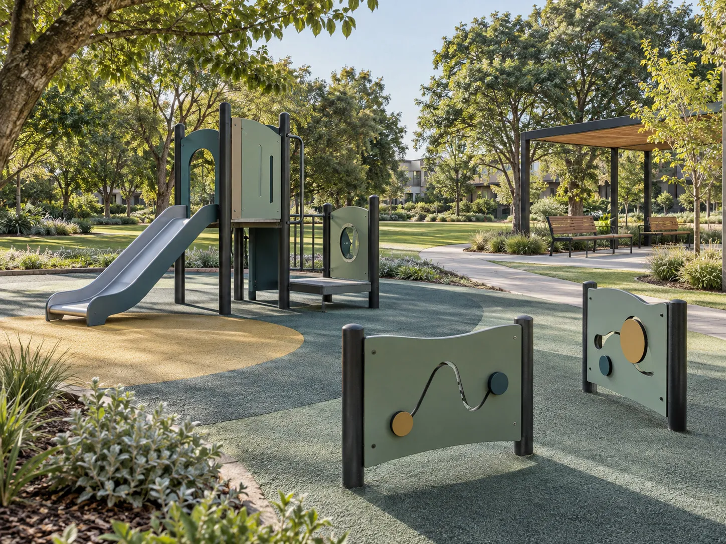 Park play structure and freestanding activity panels beside a curving path, trees and sheltered seating.