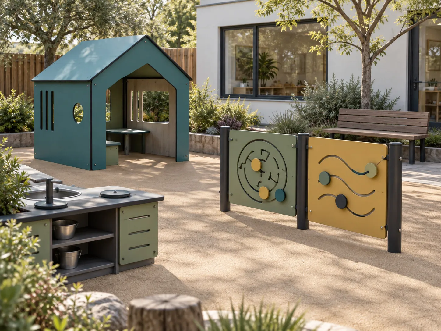 Small teal playhouse with low activity panels and an outdoor play counter in a planted courtyard.