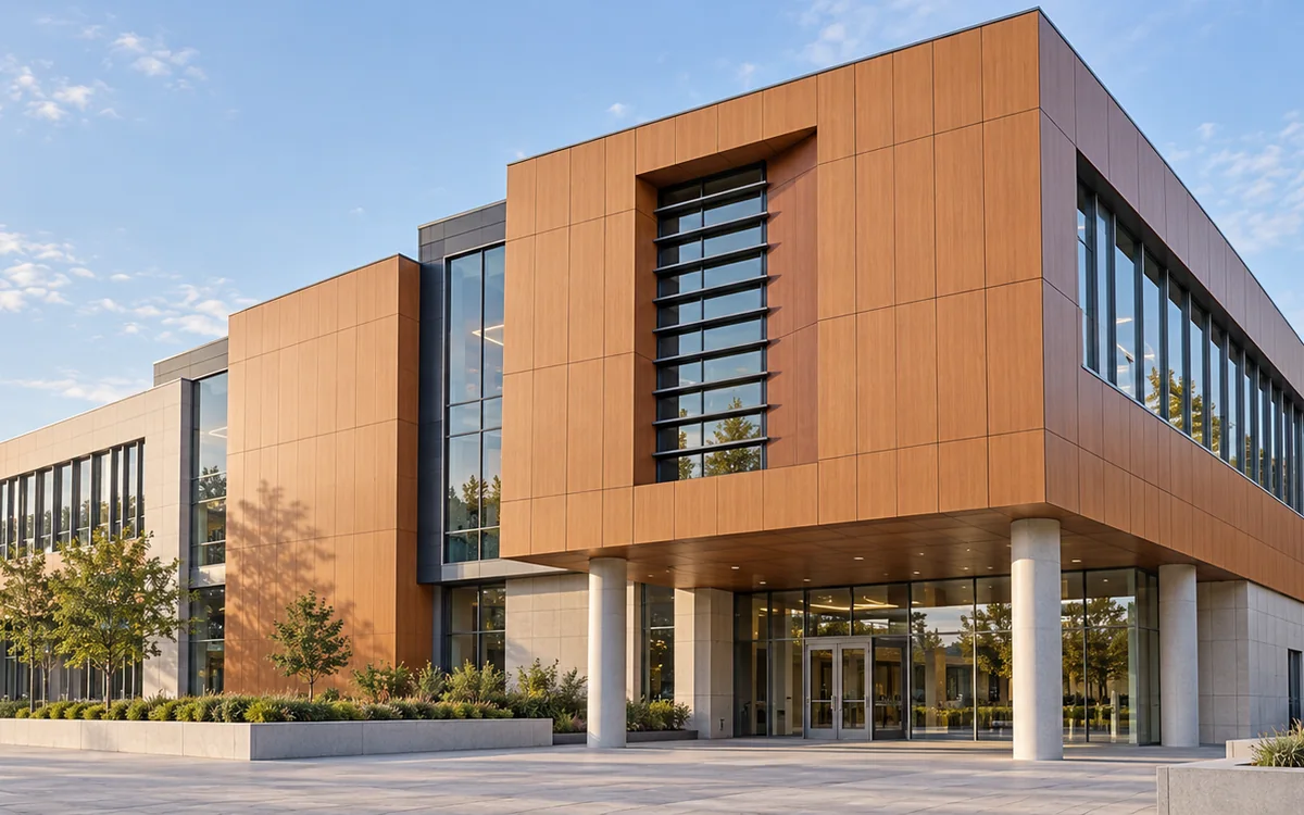 Exterior panel surfaces at a building corner, showing joints and window interfaces.