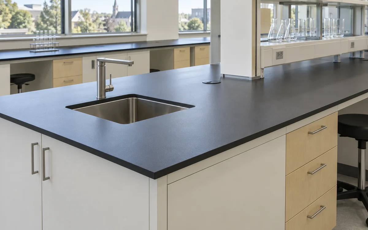 Laboratory worktop with a sink opening and accessible service fittings.