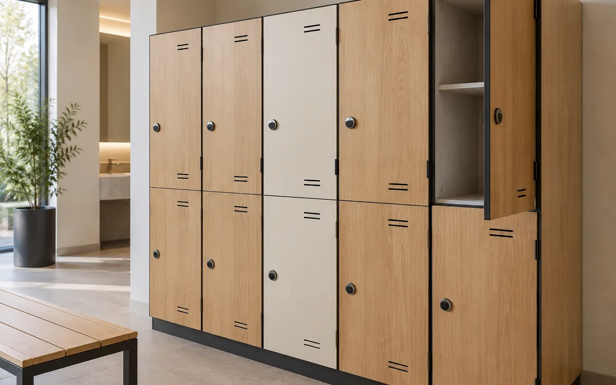 Storage lockers showing woodgrain doors, ventilation slots and lock positions.