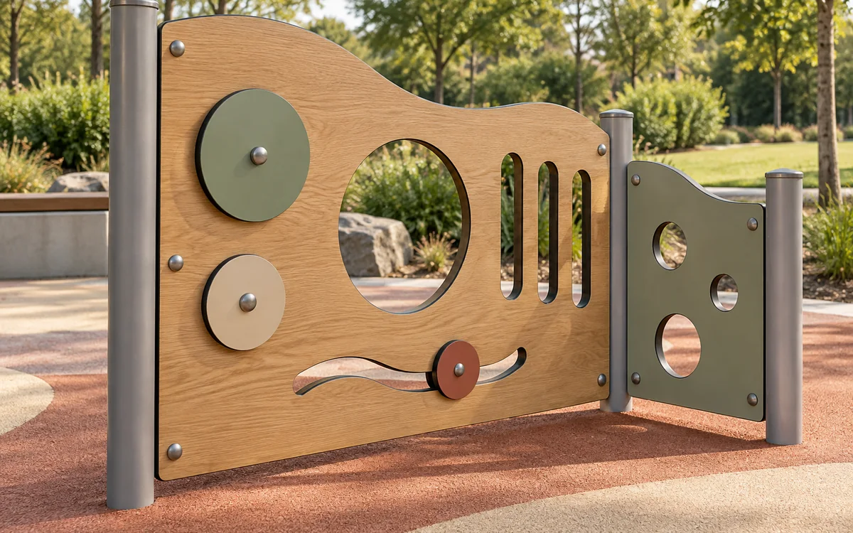 Shaped outdoor play panel with rounded openings and integrated moving components.