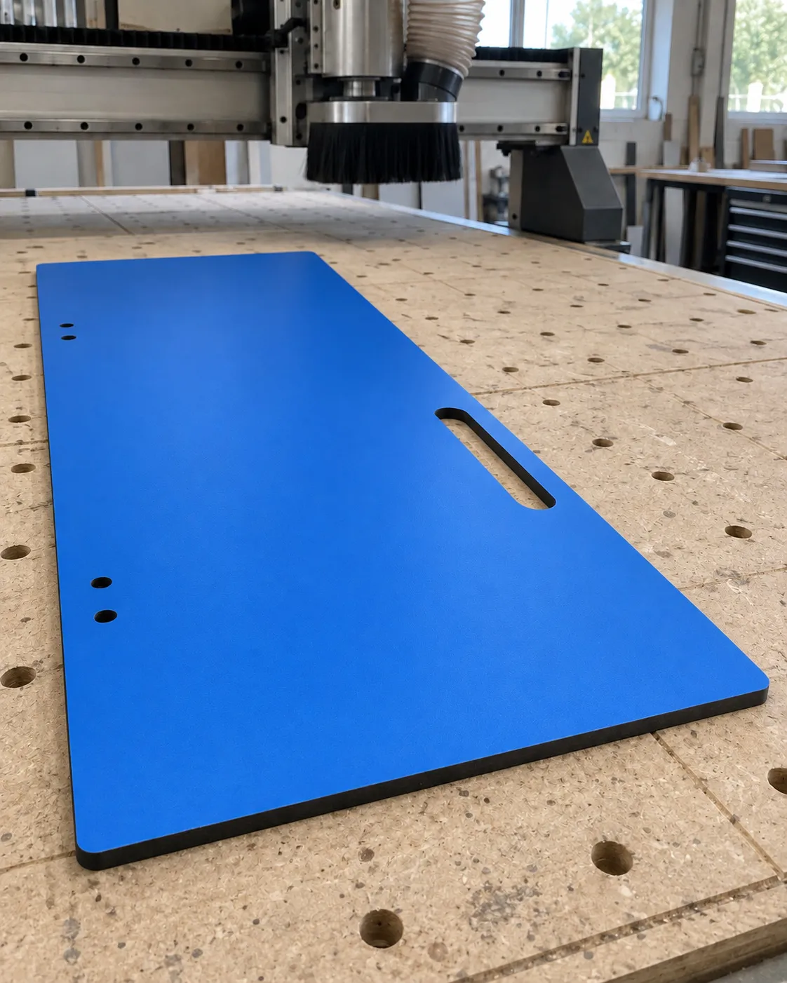 A blue compact laminate panel on a CNC worktable, with an exposed black core, a routed handle opening and four drilled holes along its left side.