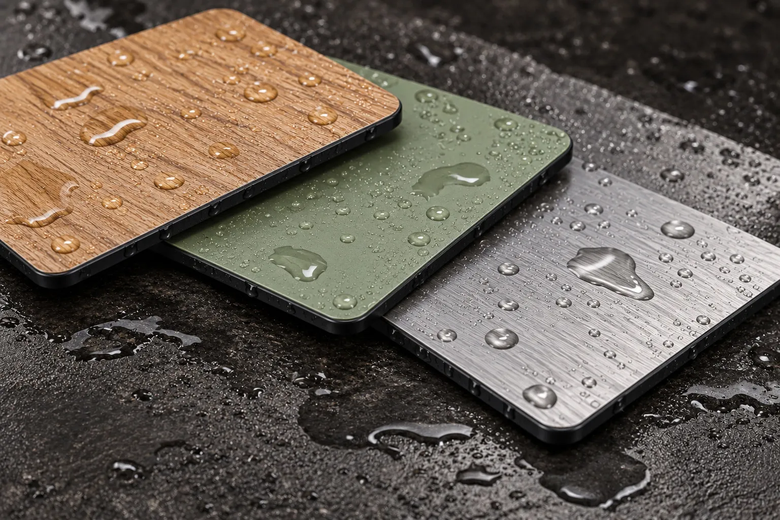 Water droplets on compact laminate samples with decorative finishes and exposed dark edges.