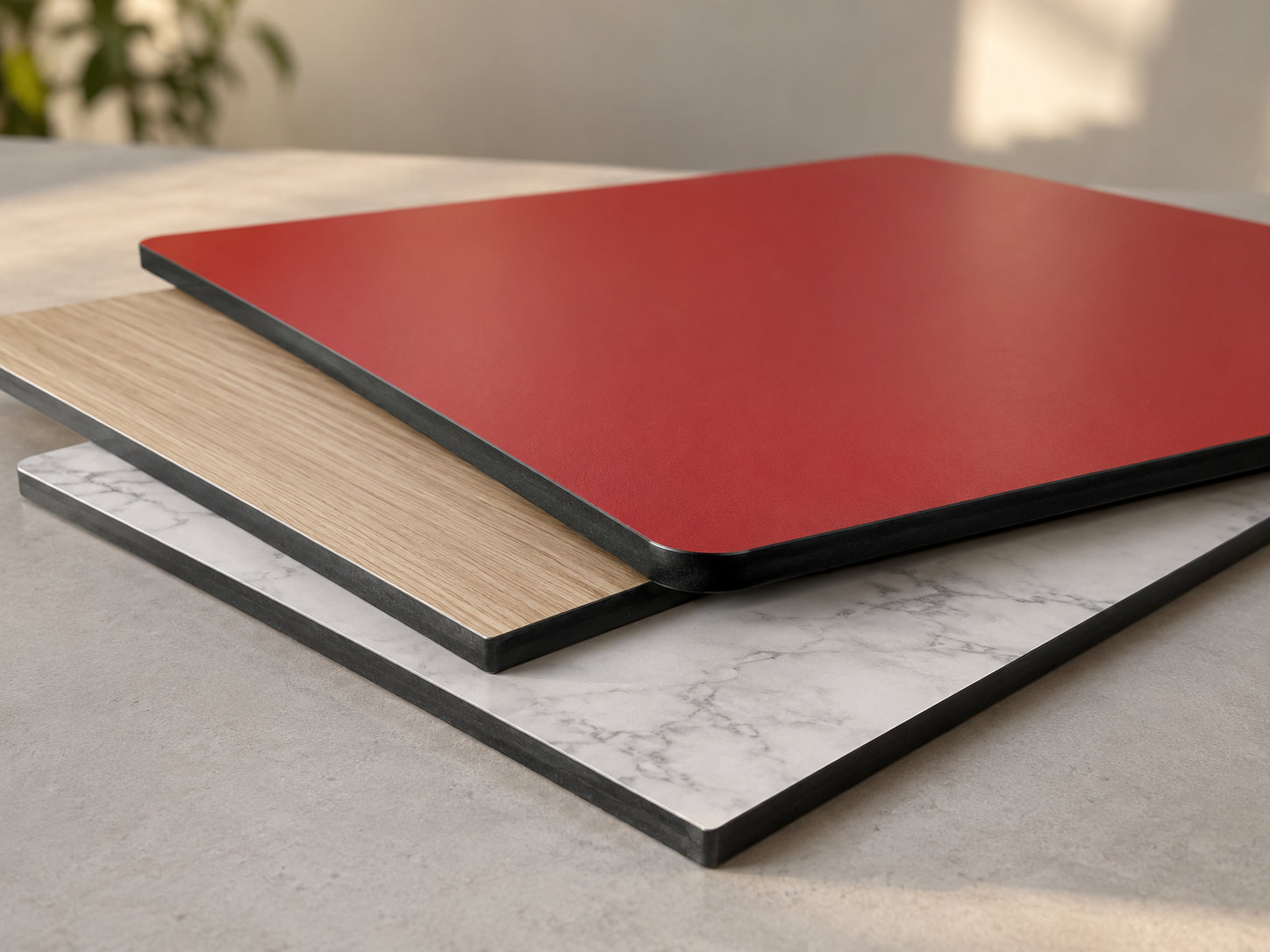 Compact laminate samples with red, woodgrain and marble-patterned surfaces, showing exposed dark cores and machined edges.