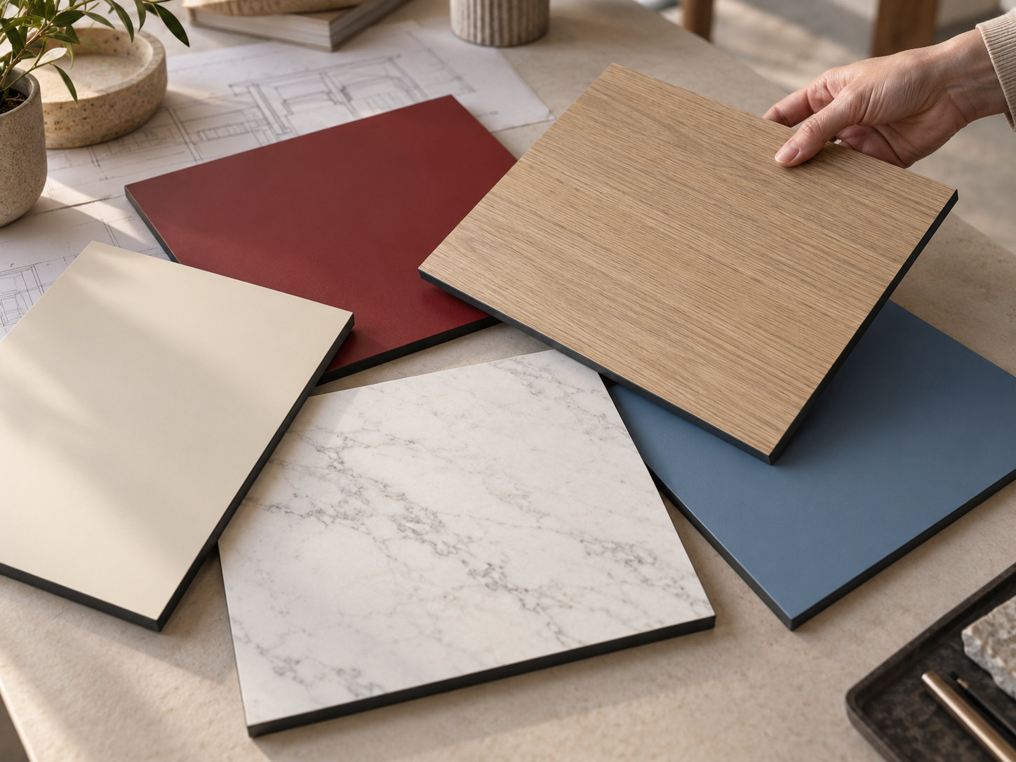 A hand comparing a woodgrain compact laminate sample with solid-colour and marble-patterned samples.